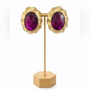 Vintage Gold Tone Large Magenta Statement Clip-On Earrings